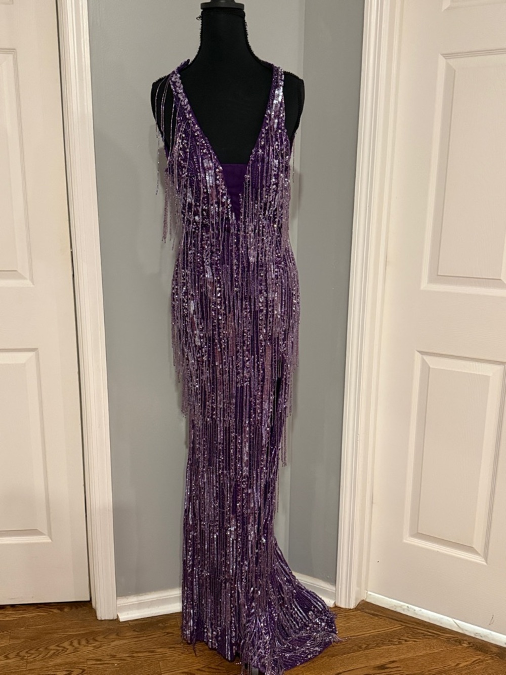Rachel Allan Purple Beaded Fringe Prom Gown